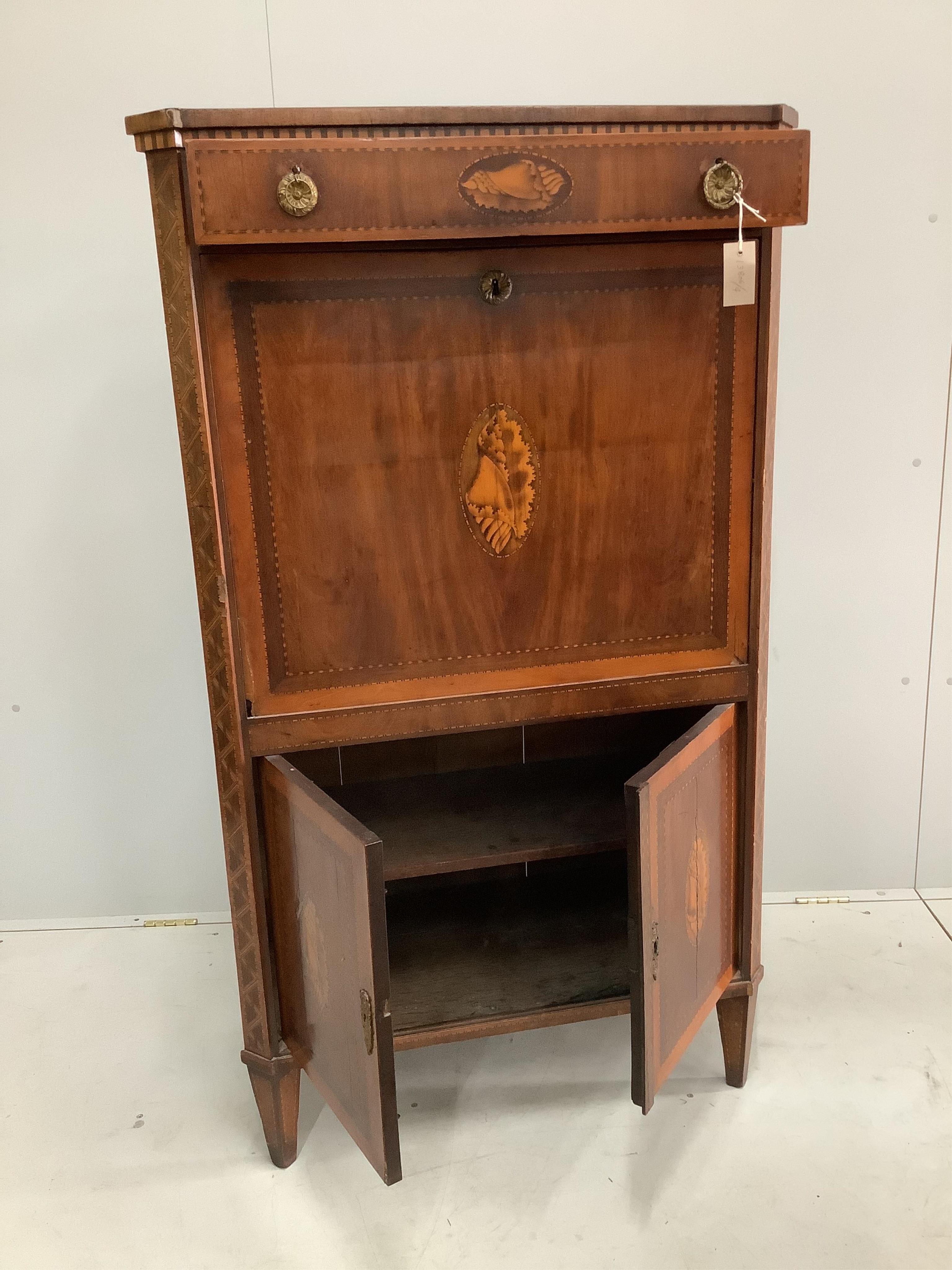 An early 19th century Dutch marquetry inlaid mahogany secretaire à abbatant, width 82cm, depth 41cm, height 143cm